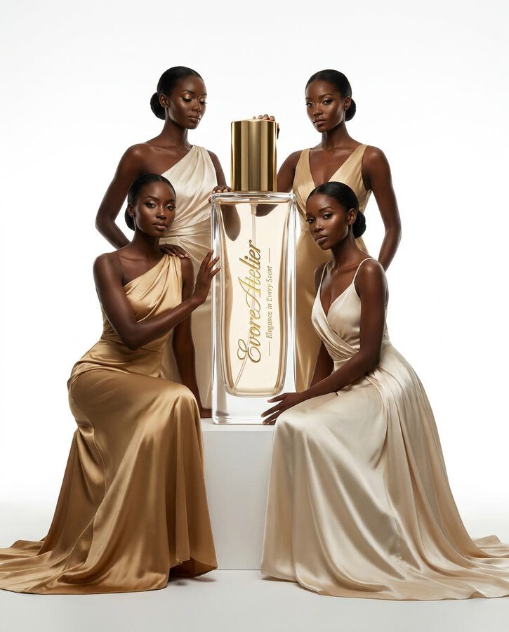 Models in gold gowns around the Evore bottle