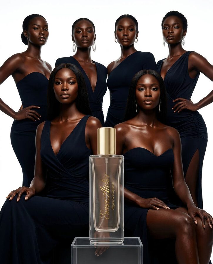 Models in navy around the bottle, picked